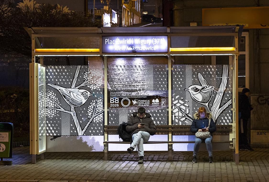 Wieczorna scena na przystanku autobusowym "Plac Żwirki i Wigury" w Bielsku-Białej. Na szklanych panelach wiaty widnieją czarno-białe grafiki ptaków na gałęziach, będące częścią projektu artystycznego. Dwoje pasażerów siedzi na ławce, skupionych na telefonach. Światła miasta i podświetlony szyld przystanku nadają atmosferę nocnej przestrzeni miejskiej.