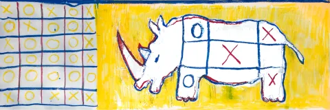  Po lewej stronie znajduje się siatka gry w kółko i krzyżyk (tic-tac-toe), wypełniona żółtymi kółkami i kilkoma czerwonymi krzyżykami. Po prawej stronie, na żółtym tle, widoczny jest kontur białego nosorożca narysowanego grubą niebieską i czerwoną linią. Na jego ciele umieszczono kolejną planszę do gry z kółkami i krzyżykami, jakby wpisaną w jego strukturę. Obraz łączy motywy zabawy i symboliki, przywołując dziecięcą wyobraźnię oraz skojarzenia z grą, siłą i absurdem.