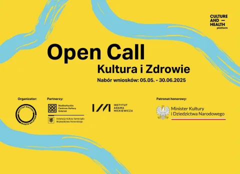 Grafika promująca nabór wniosków do programu 'Kultura i Zdrowie' w ramach platformy Culture and Health. Termin naboru: 5 maja – 20 czerwca 2025. Żółte tło z niebieskimi, falującymi liniami.